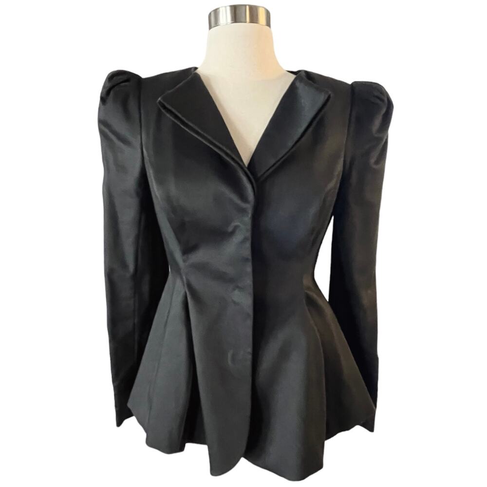 STELLA MCCARTNEY Black Jacket Cotton Silk Lining Peplum Hem Puff Shoulder Small